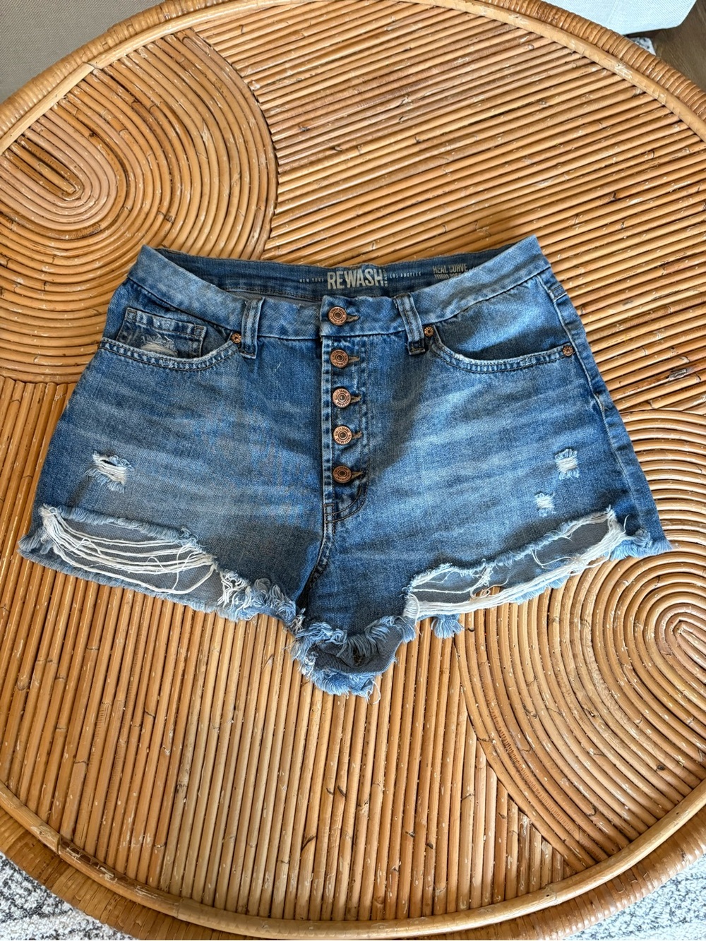 Rewash Women's Button-Front Distressed Denim Shorts - Blue